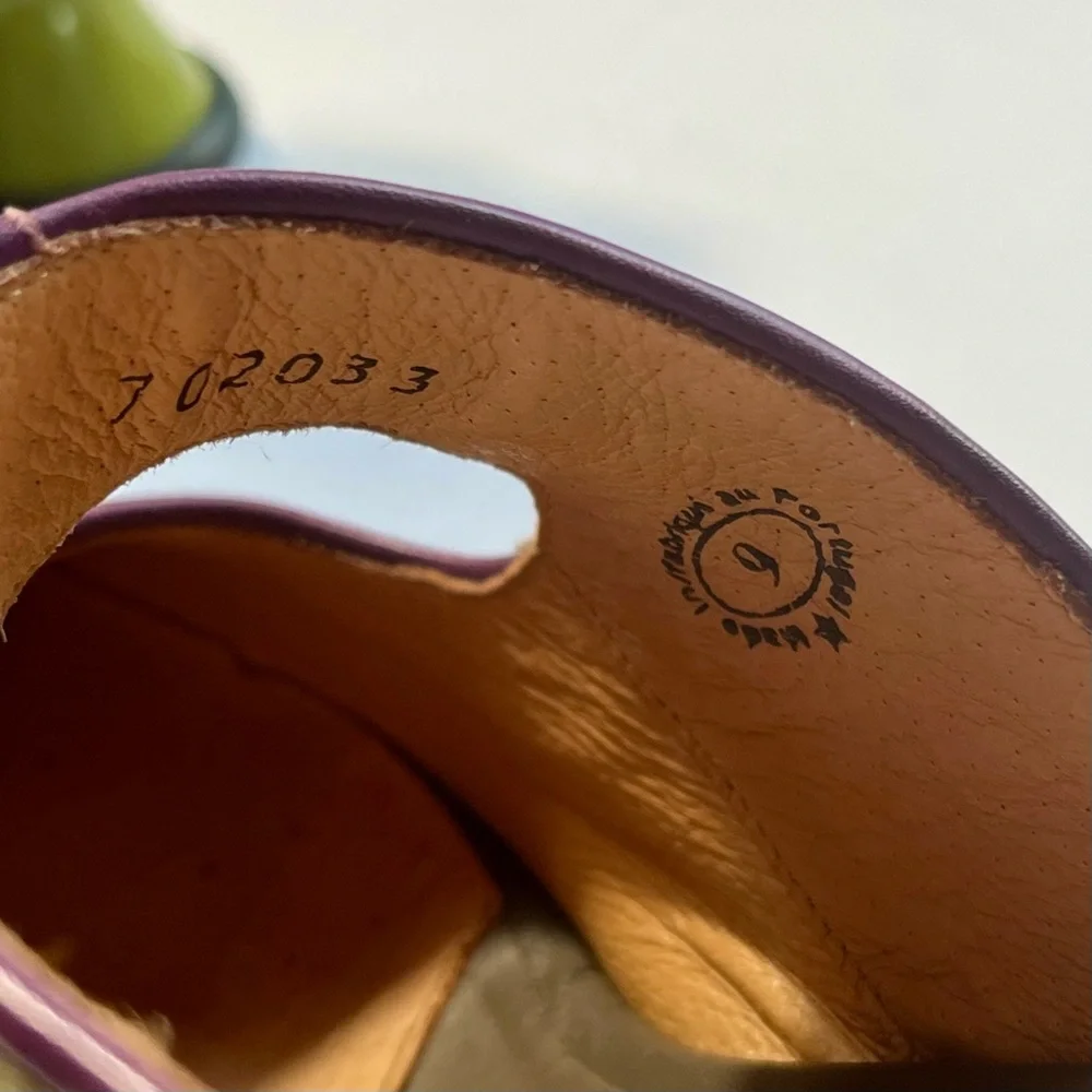 SOLD Fluevog Elif Mary Jane Mini Heels Shoes Olive Green Purple Buckle Strap - Picture 8 of 14